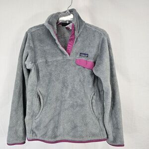 Patagonia Jacket Womens M Gray Pink Snap T Fleece Fuzzy Sweater Outdoors Logo